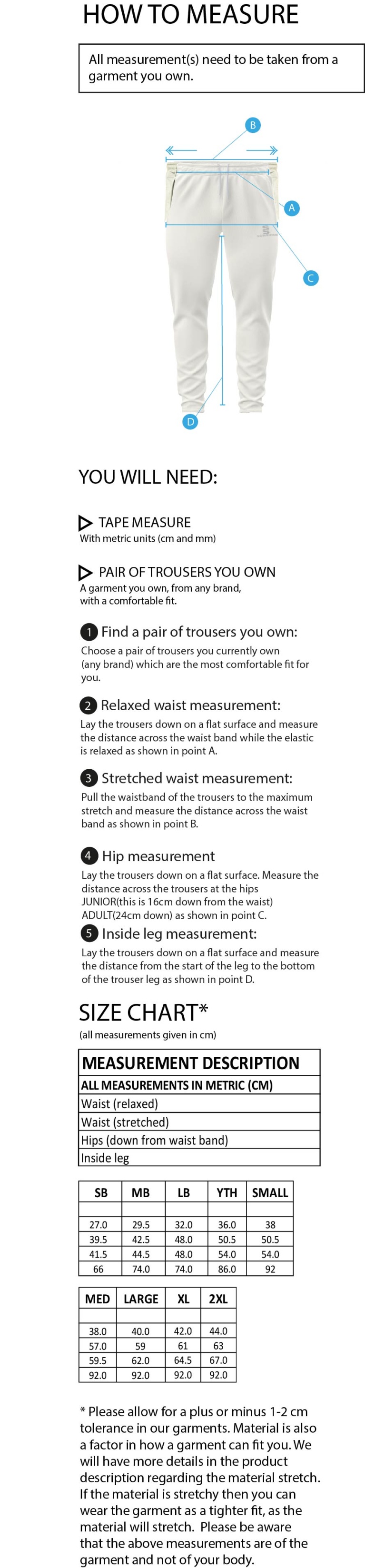 Northwich CC - Blade Playing Pants - Size Guide