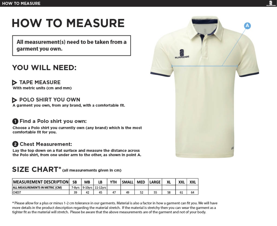 Northwich CC - Junior Dual Short Sleeve Cricket Shirt - Size Guide