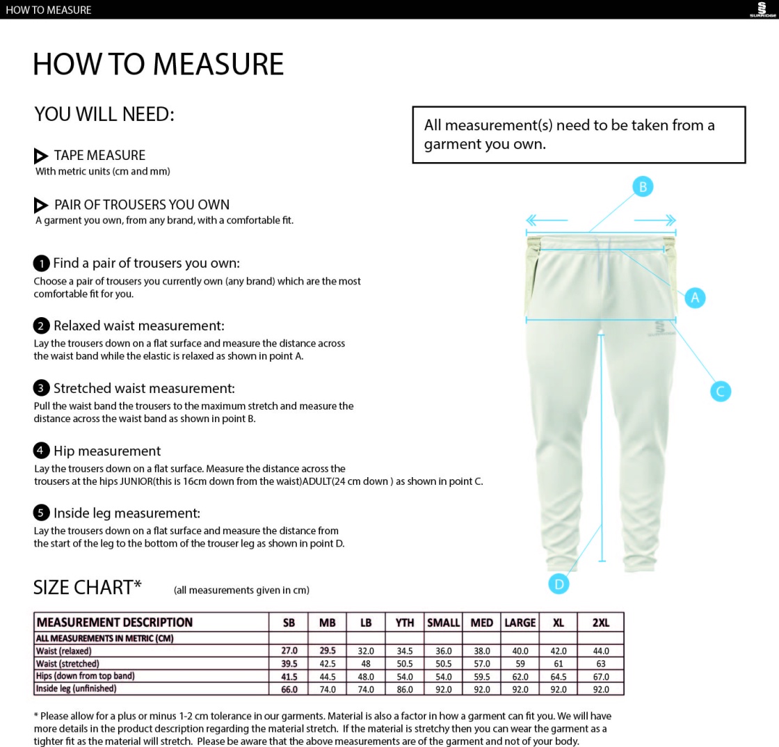 Northwich CC - Blade Playing Pants - Size Guide