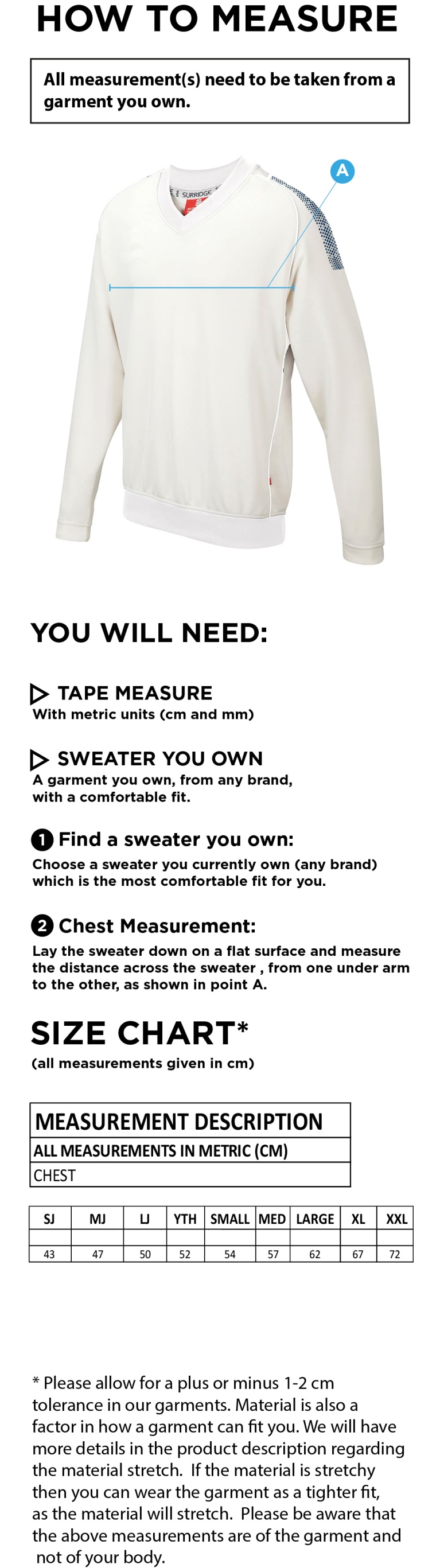 Northwich CC - Adult Dual Long Sleeve Cricket Sweater - Size Guide