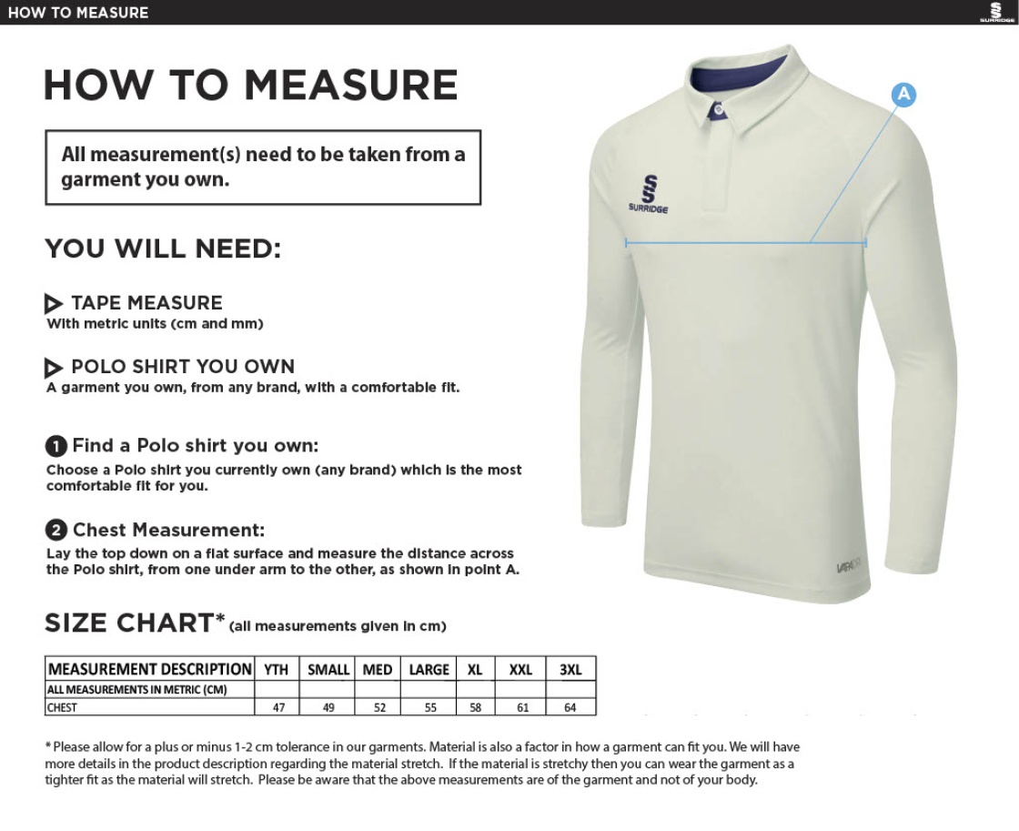Northwich CC - Adult Dual Long Sleeve Cricket Shirt - Size Guide