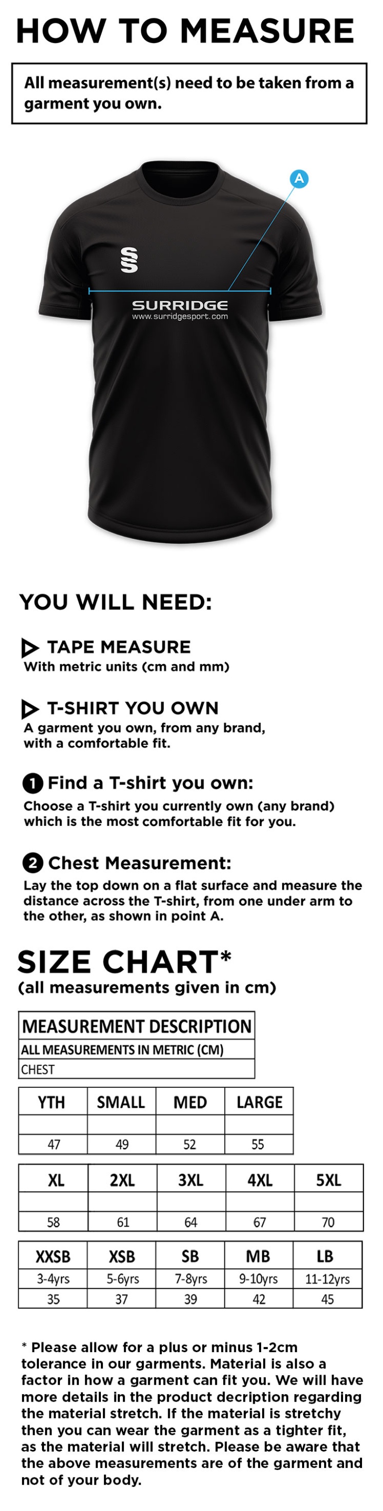 Northwich CC - Blade Training Shirt - Size Guide