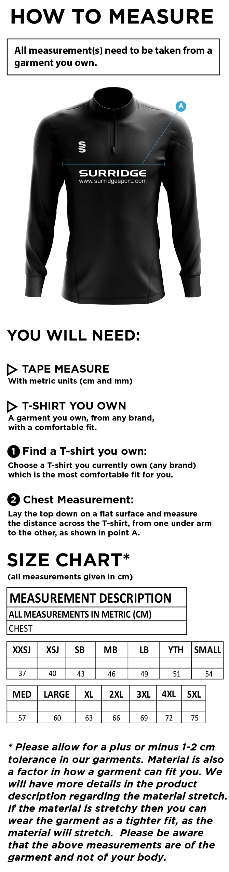 Northwich CC - Blade Performance Top - Size Guide