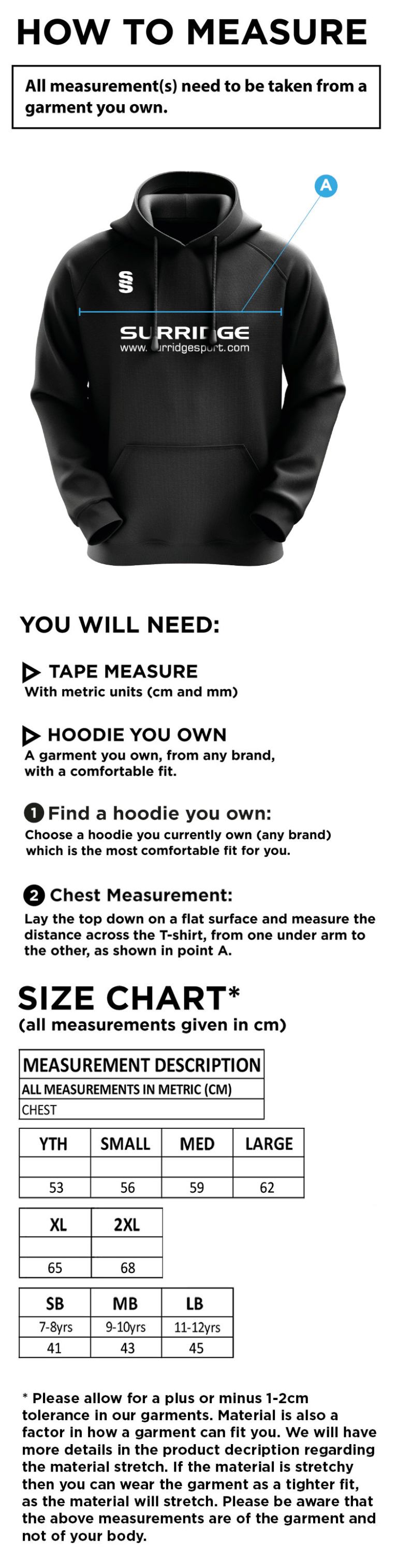 Northwich CC - Blade Hoody - Size Guide