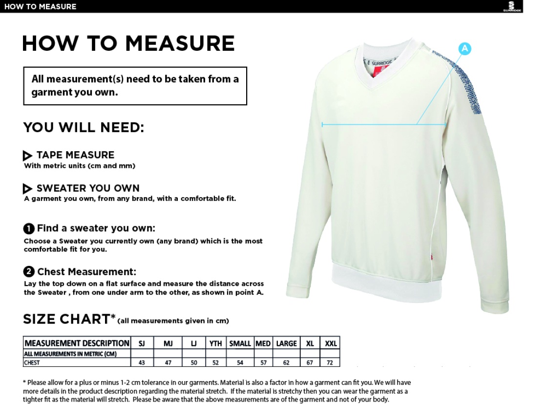 Northwich CC - Adult Dual Long Sleeve Cricket Sweater - Size Guide